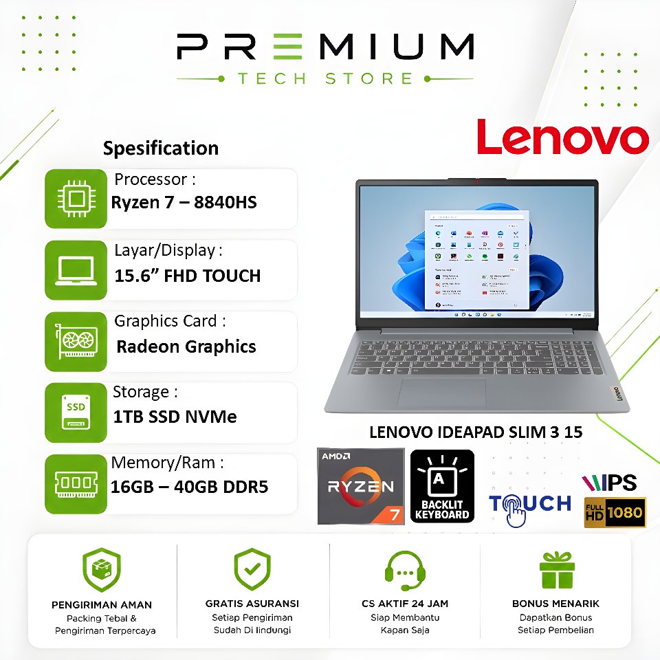 Laptop Lenovo Ideapad Slim 3 15 AMD Ryzen 7 8840HS 40GB DDR5 1TB SSD WUXGA Touchscreen Windows 11