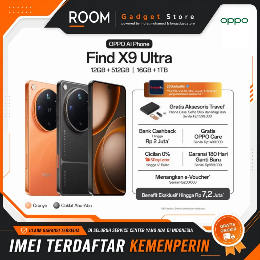 OPPO Find X9 Ultra 12/512GB 16GB/1TB Garansi Resmi - Hasselblad 50MP 10x Optik Telefoto Dual 200MP Baterai 7050mAh 100W SuperVOOC 8K Video HP Flagship Premium Original