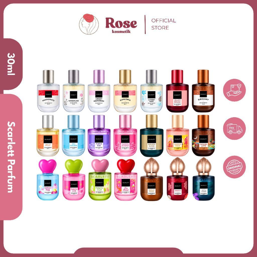 Scarlett Whitening Eau De Parfum 30ml | Minyak Wangi Terbaru Scarlett | Parfum Scarlett Terbaru | Parfum Scarlett Viral | Golden Elixir | Velvet Rouge | Biru Samudra | Dreamy | Passionate | Sweet Memories | Euphoria | Wonderland | All Varian