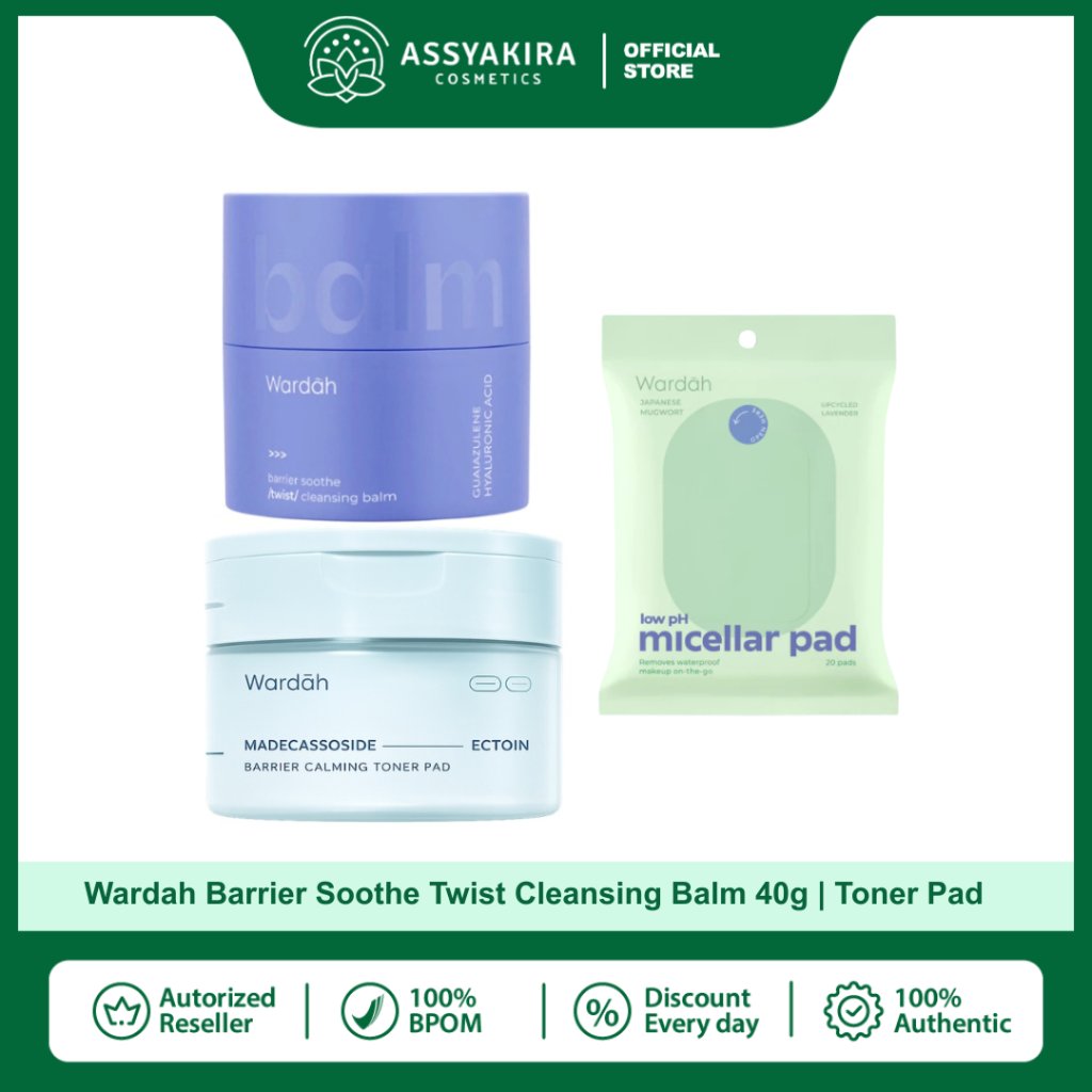 Wardah Barrier Soothe Twist Cleansing Balm 40g | Wardah Toner Pad Madecassoside Ectoin Barrier Calming 50 pads 100 ml | Wardah Low pH Micellar Water Wipes Japanese Mugwort + Upc | Untuk Semua Jenis Kulit
