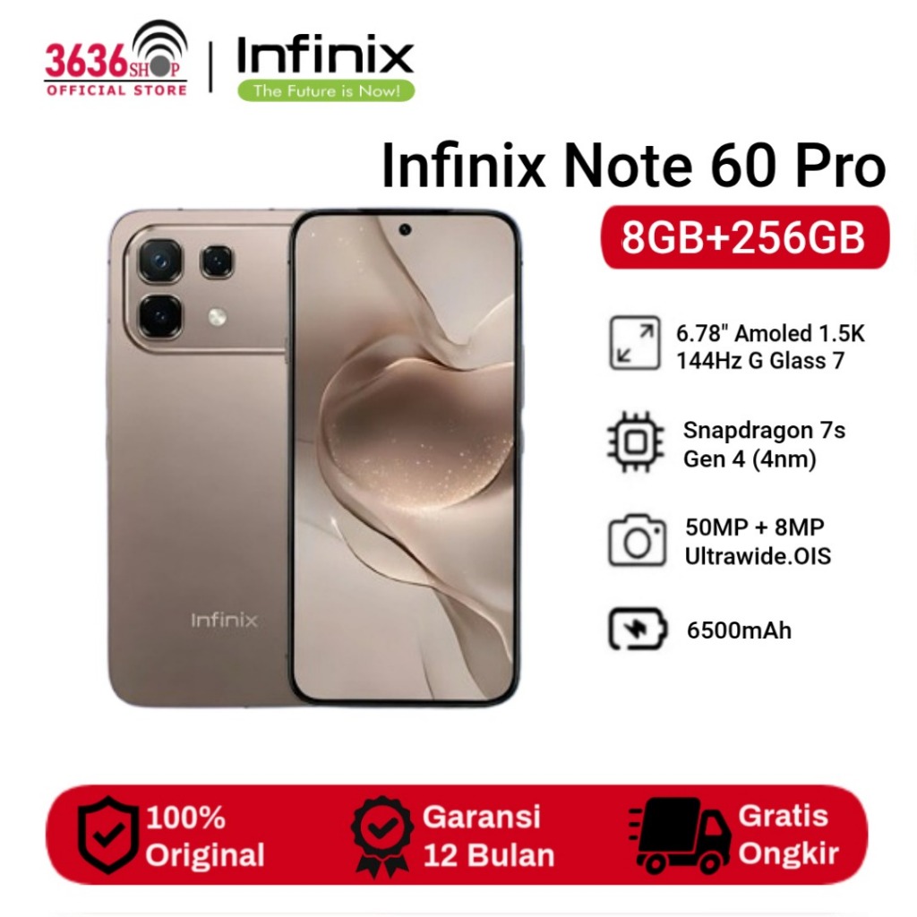 Infinix Note 60 Pro 5G 8GB+256GB Display 144Hz 6.78" G Glass 7 Prosessor Snapdragon 7s Gen 4 (4nm) Main Camera 50MP With OIS Battery 6500mAh NFC Supported Garansi Resmi 1 Tahun