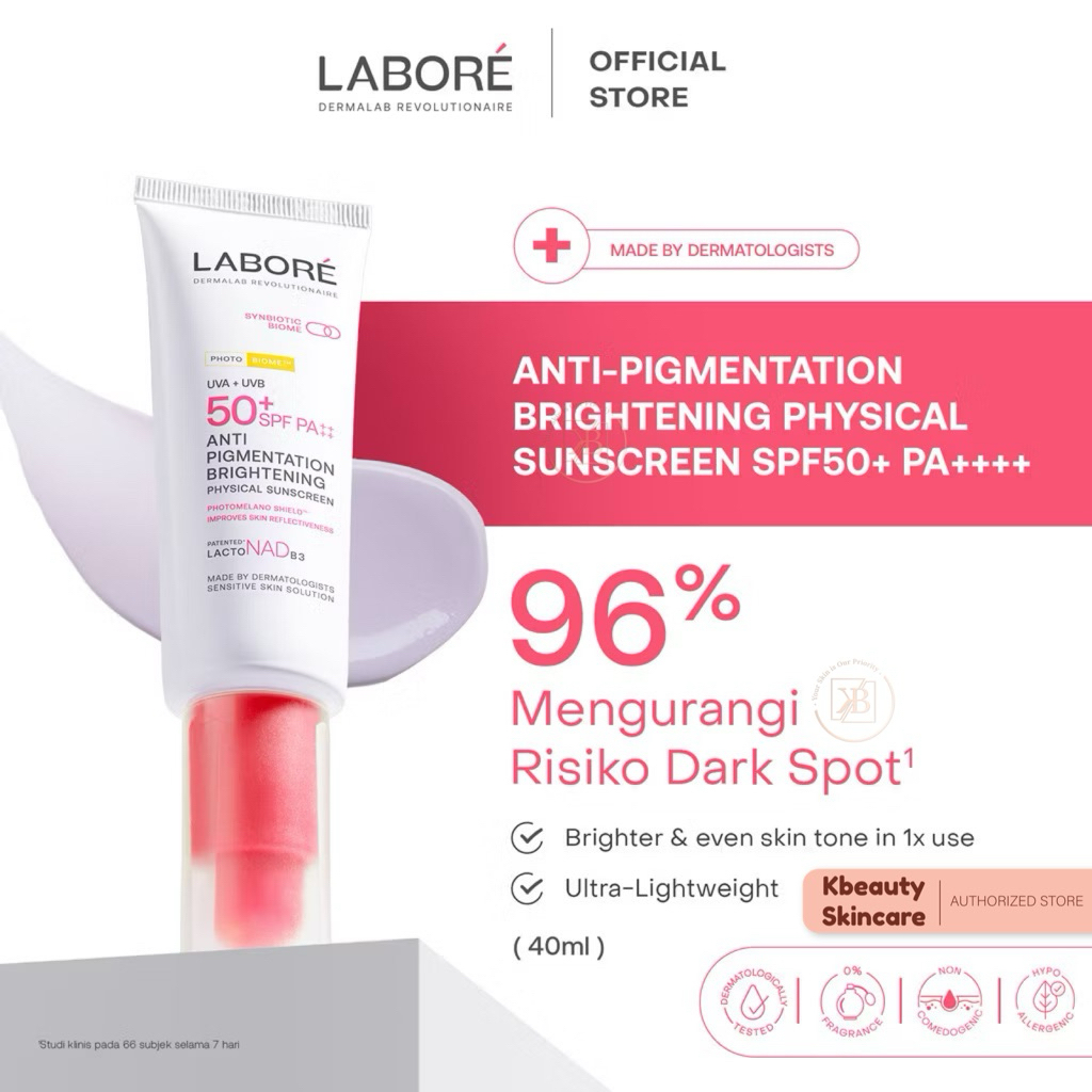 LABORE Dermalab Revolutionaire Anti-Pigmentation Brightening Physical Sunscreen-Brightening Sunscreen Ringan Aman Kulit Sensitif Mencerahkan Melindungi Sinar UVA UVB Mudah Meresap Tidak Whitecast Skincare