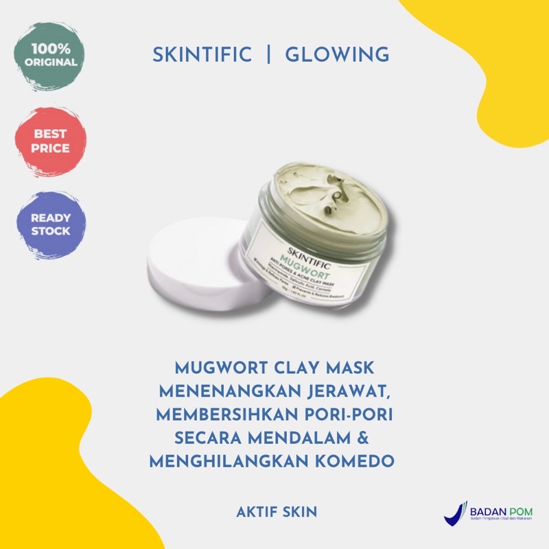 SKINTIFIC Mugwort Mask Anti Pores & Acne Clay Mask 55g Pore Clarifying Mud Mask Wash Off Pack Masker Wajah Facial Mask