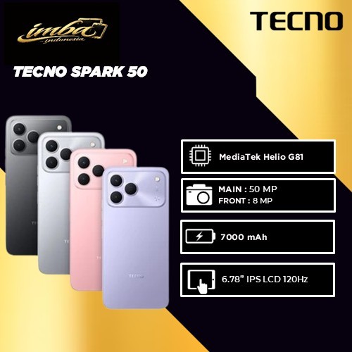 TECNO SPARK 50 [4GB/128GB]  [6GB/128GB]  [8GB/128GB] 7000mAh Mega Battery, 50MP AI Camera + FlashSnap, 120Hz 6.78" Smooth Display, IP64 High Durability - SPARK 50