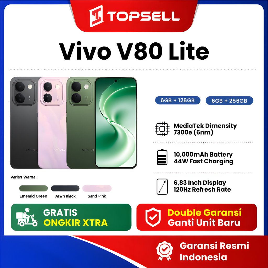 [NEW LAUNCH] vivo V80 Lite 5G 6/128GB &amp; 6/256GB , 10.000mAh Battery , OriginOS, 1.5K AMOLED, 32MP Wide Selfie, 50MP Sony AI Camera, Original Garansi Resmi