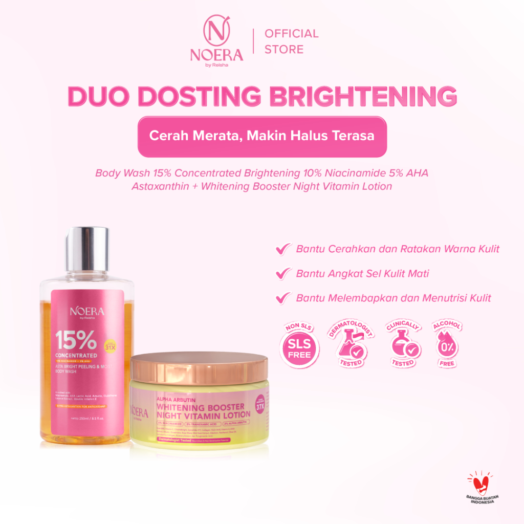 Noera Body Wash + HB Dosting | Whitening Booster Night Vitamin Lotion | Body Wash 15% Concentrated Brightening 10% Niacinamide 5% AHA Astaxanthin | Duo Dosting Brightening | Sabun Cair Mencerahkan | Lotion Mencerahkan dan Melembapkan