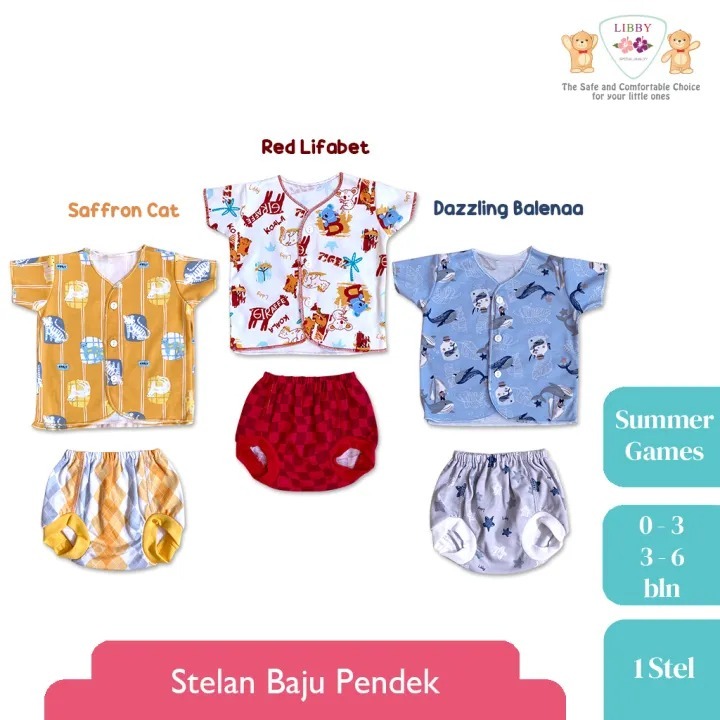 Libby Baby Newborn 3 PASANG 3-6M | LIBBY Setelan Piyama Anak Laki Laki Perempuan Baju Pendek Celana Pop Newborn Bayi Motif Unisex 3 Stel | Fresh Dream | Zany Zootopia | Summer Games