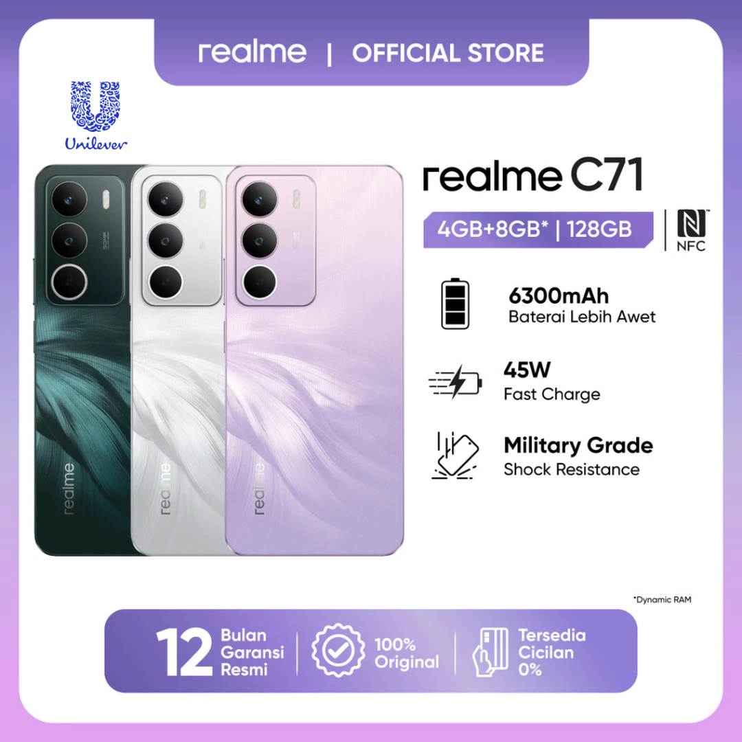 [GIFT] Realme C71 4GB+8GB* |128GB (6300 Baterai | 45W Fast Charge | Military Grade Shock Resistance | NFC)
