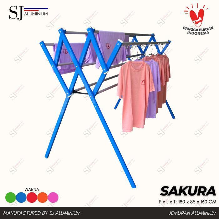 SAKURA - Jemuran Aluminium Jumbo Hanger / Jemuran Pakaian & Baju / Rak Jemuran Handuk Lipat + Hanger - Biru 180 CM / 1,8 Meter